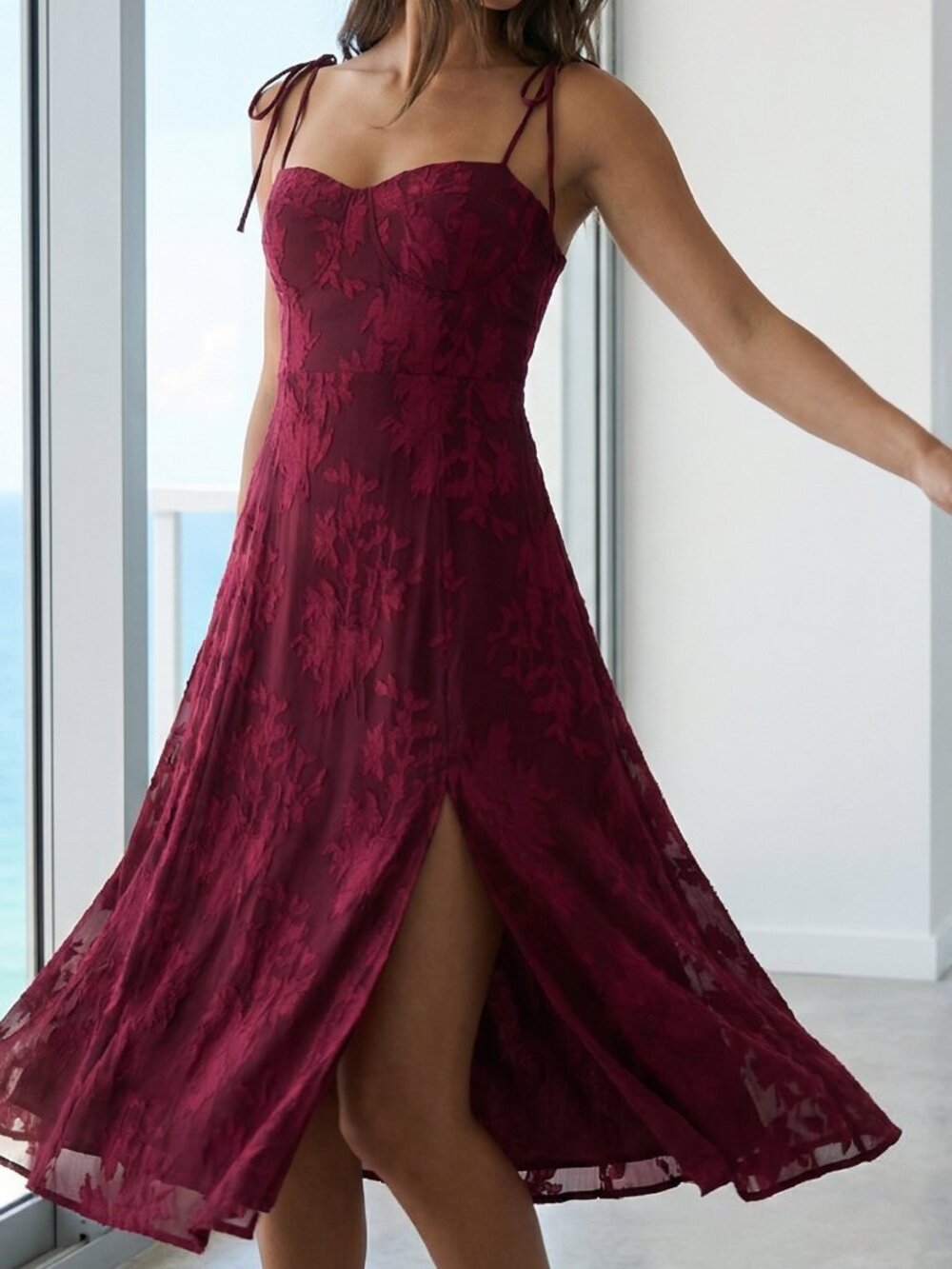 Lulu's Burgundy Floral Midi Dress with Side Slit